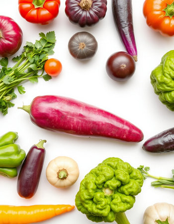 Collection of fresh vegetables isolated on a white background. Top view.の写真素材
