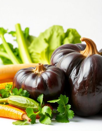 Eggplant, carrot, celery and parsley on white backgroundの写真素材