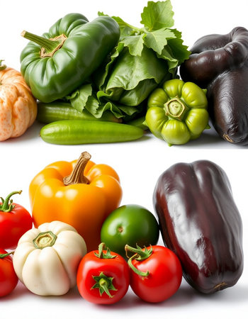 Vegetables collection isolated on white background. Tomato, pepper, zucchini, bell pepper, eggplant, onion, cucumber, lettuce, pepper, parsleyの写真素材