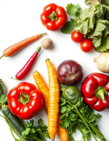 Fresh vegetables isolated on white background. Top view. Flat lay.
