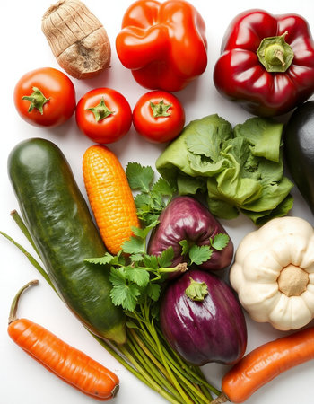 Composition with fresh vegetables on white background, top view. Balanced dietの写真素材