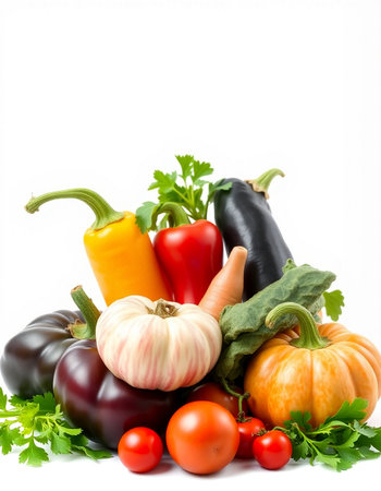 Vegetables isolated on white background. Eggplant, tomato, pepper, garlic, parsleyの写真素材