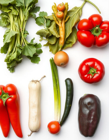 collection of fresh vegetables on white background. top view. flat layの写真素材