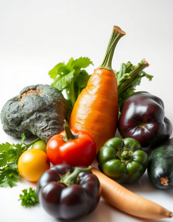 Composition with variety of fresh organic vegetables on white background. Balanced diet.の写真素材