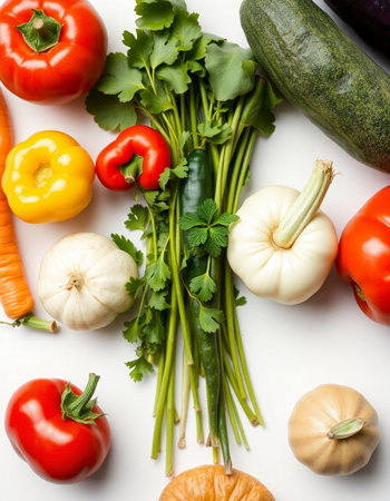 Fresh vegetables on white background, top view. Healthy food concept.