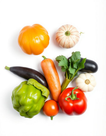 Vegetables isolated on white background. Tomato, pepper, eggplant, garlicの写真素材