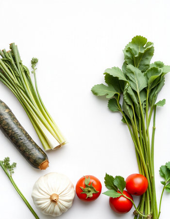 Fresh vegetables on a white background. Top view. Flat lay.の写真素材