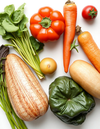 Composition with fresh vegetables on white background, top view. Balanced diet