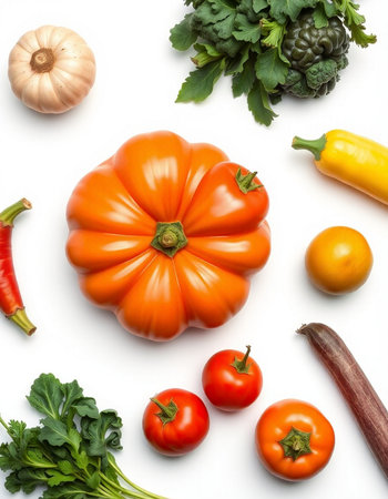 Fresh vegetables isolated on white background. Top view. Flat lay.の写真素材