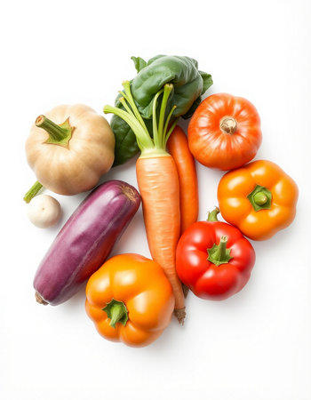 Vegetables isolated on white background. Carrot, pepper, eggplant, tomato, onion, zucchiniの写真素材