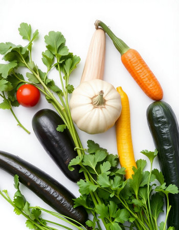 vegetables isolated on white background. top view, flat layの写真素材