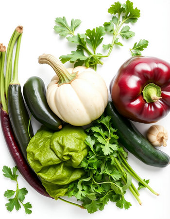 Composition with fresh vegetables on a white background. Healthy food.