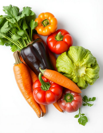 Fresh vegetables on white background, top view. Healthy food concept.の写真素材