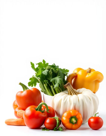 Fresh vegetables isolated on white background. Healthy food concept. Copy space.の写真素材