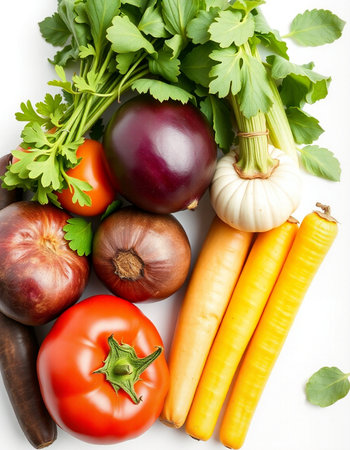 Vegetables isolated on white background. Carrot, eggplant, onion, parsley