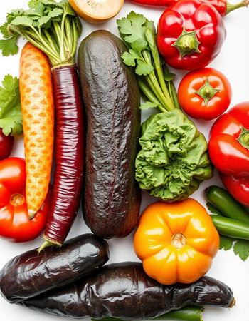 Fresh vegetables isolated on a white background. Top view. Flat lay.の写真素材