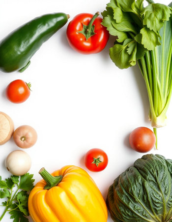 Fresh vegetables on white background. Top view, flat lay, copy spaceの写真素材