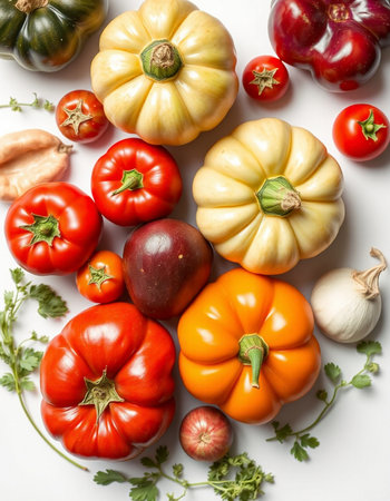 Autumn harvest of vegetables on a white background, top view.