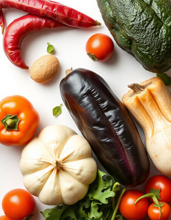 Composition with fresh vegetables on white background, top view. Balanced dietの写真素材