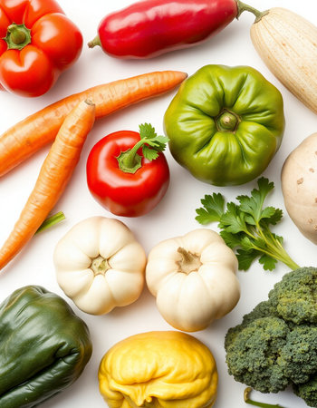 fresh vegetables isolated on white background, top view, close-upの写真素材