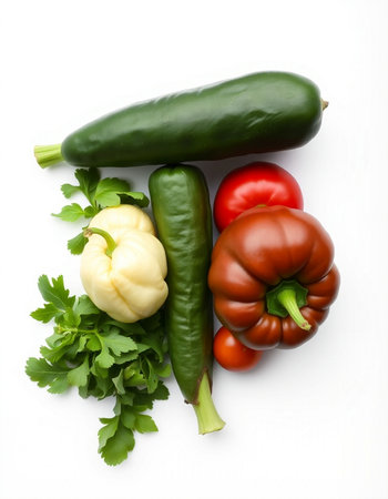 Fresh vegetables isolated on white background. Green, red, yellow peppers and tomatoesの写真素材