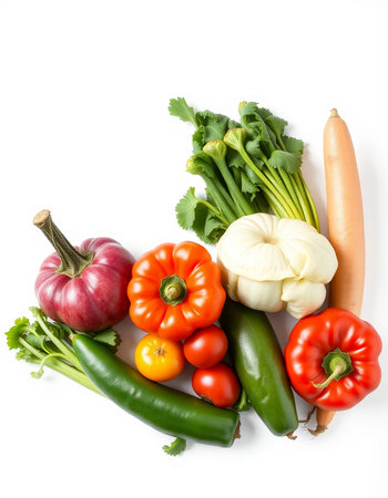 Composition with fresh vegetables on a white background. Balanced diet.