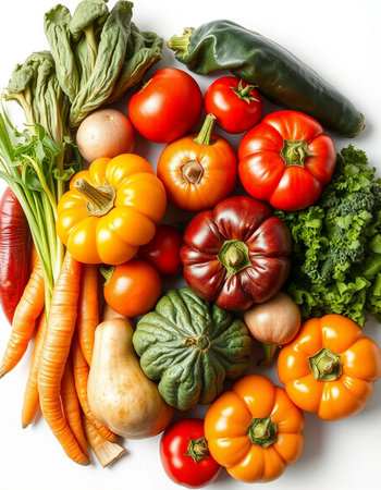 Composition with variety of fresh organic vegetables on white background, top view