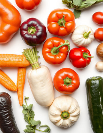 Different fresh vegetables on white background, top view. Vegetarian foodの写真素材