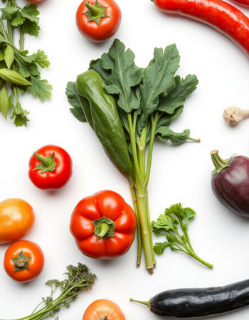 Composition with fresh vegetables on white background, top view. Healthy foodの写真素材