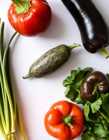 Vegetables on a white background. Eggplant, tomatoes, peppers and greens.の写真素材