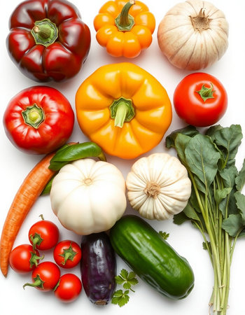 Fresh vegetables isolated on white background. Top view. Flat lay.の写真素材