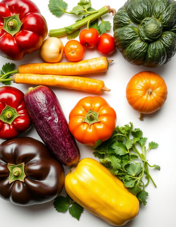 Fresh vegetables on a white background. Flat lay, top view.の写真素材