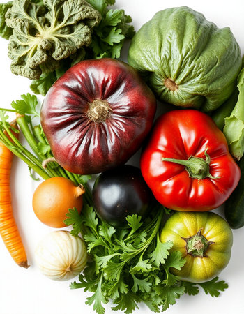Vegetables on a white background, top view, close-up