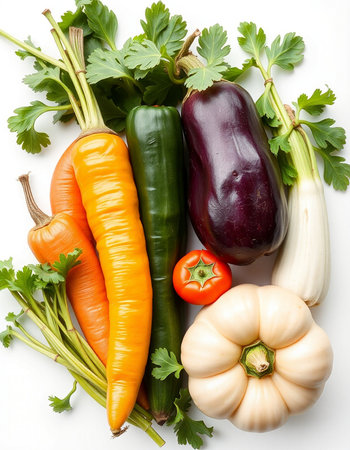 Fresh vegetables on a white background. Vegetables, parsley, tomatoes, peppers.の写真素材