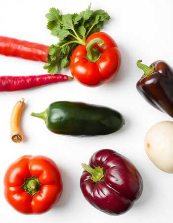 collection of fresh vegetables on white background. top view, flat layの写真素材