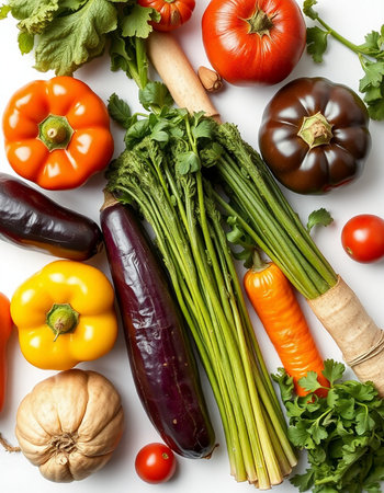 Fresh vegetables on a white background, top view, close-up