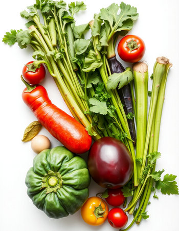 Fresh vegetables on a white background, top view, close-upの写真素材