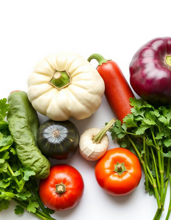 Fresh vegetables isolated on white background. Top view. Flat lay.