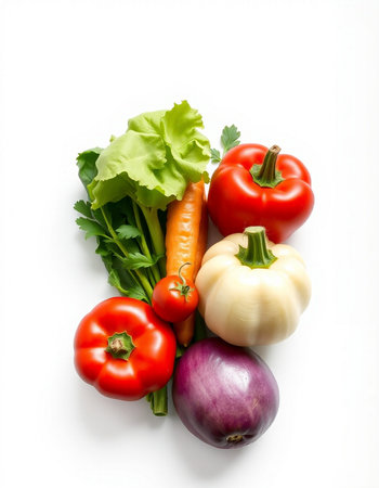 Fresh vegetables isolated on white background. Healthy food concept. Top view.