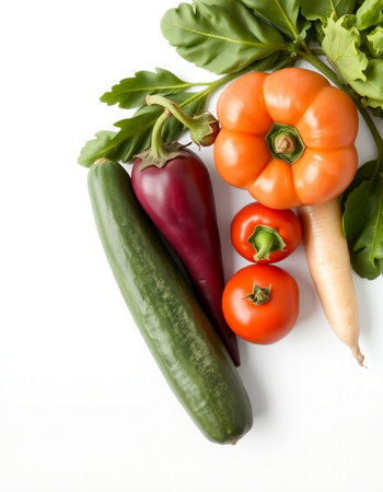 Fresh vegetables on white background, top view. Healthy food concept.