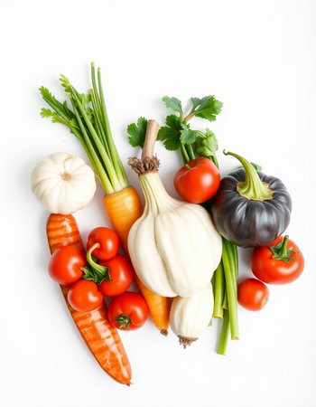 Vegetables on white background. Healthy food. Top view.
