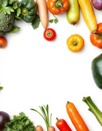 Frame made of fresh vegetables on white background, top view. Space for textの写真素材