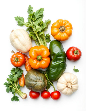 Fresh vegetables isolated on white background. Top view, flat lay.の写真素材