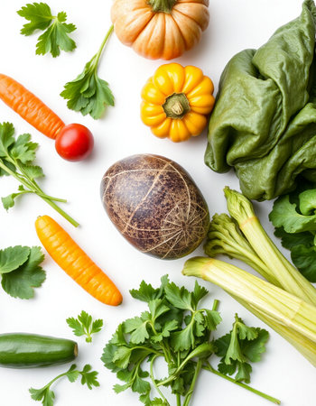 vegetables isolated on white background, top view, flat lay