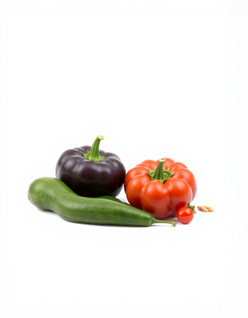 Red, green and black peppers isolated on a white background with copy space