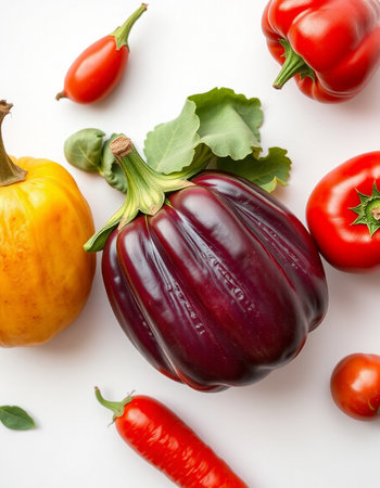 Vegetables isolated on white background. Red and yellow pepper, bell pepper, paprika, tomato, lettuce.の写真素材