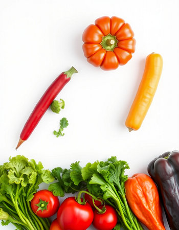 Fresh vegetables isolated on white background. Top view. Flat lay.の写真素材
