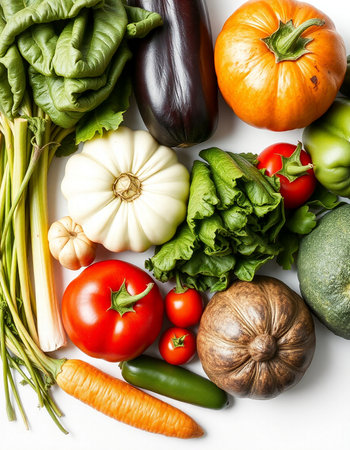 Assortment of fresh vegetables isolated on white background. Top view.の写真素材