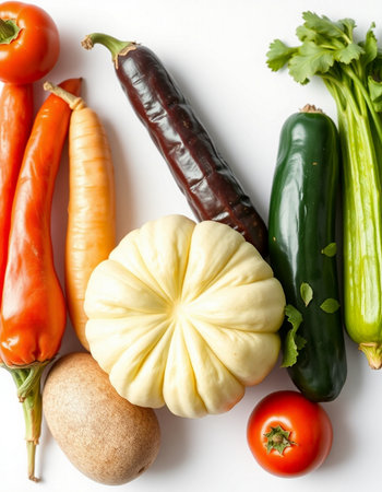 Vegetables isolated on white background, top view, copy spaceの写真素材