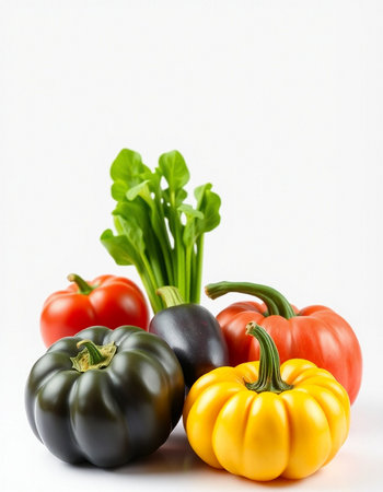 Vegetables on a white background. Black, yellow and red peppers.の写真素材